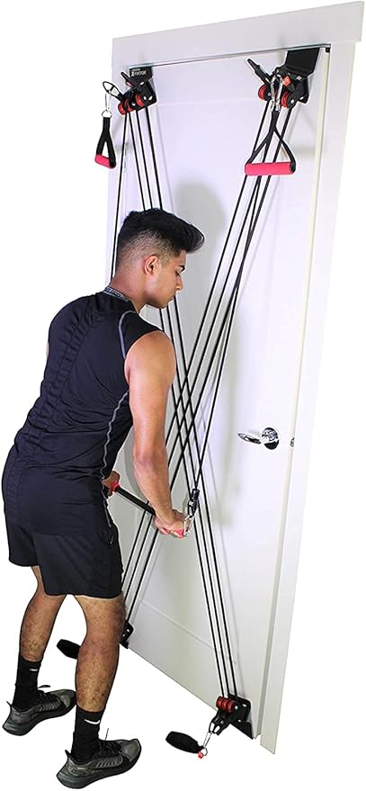 X-Factor Door Gym Complete Home Gym Full Body Exercise System, Doorway Fitness Strength Training Gym with Multi-Tension Resistance Bands, Straight Bar, 2X Padded Handles, 2X Ankles Straps, DVD, Black