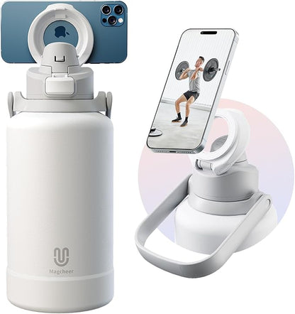64oz Insulated Magnetic Water Bottle - Stainless Steel Vacuum Flask with MagSafe Compatible Phone Holder Keeps Drinks Cold for 24 Hours Water Jug for Gym and Outdoor Activities（White)