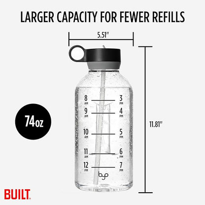 Built Byo 74 Oz Tritan Water Bottle with Straw (Black) - BPA-Free, Leakproof Lid, Wide Mouth Opening, Dishwasher Safe, Travel Handle - Reusable Bottle for Gym, Active Lifestyle, Daily Hydration Goals