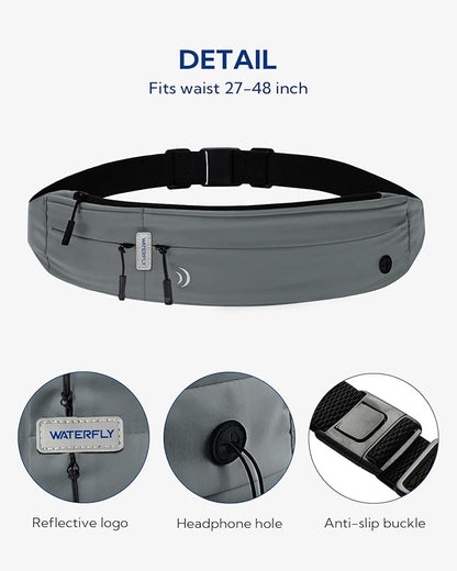 WATERFLY Running Belt Fanny Pack: Runner Marathon Jogging Waist Pack Sport Workout Exercise Fitness Phone Holder Belt for Men Women Jogger Slim Waistband