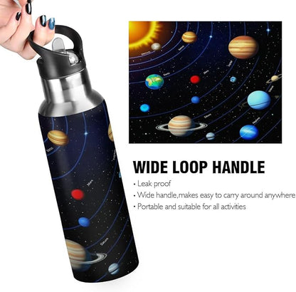 AUUXVA Space Solar System Planet Water Bottle Vacuum Insulated Stainless Steel Mug Kids Water Bottle with Straw and Handle Keep Hot Cold Sport Bike Fit Travel Outdoor 20 oz