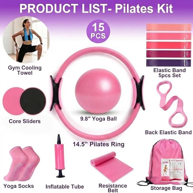 15PCS Pilates Kit for Home Workouts - Complete Set with Pilates Ring, Exercise Ball, Resistance Bands, Core Sliders & Workout Guide - Full Body Toning & Core Strength for Women Beginners