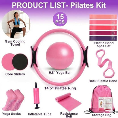15PCS Pilates Kit for Home Workouts - Complete Set with Pilates Ring, Exercise Ball, Resistance Bands, Core Sliders & Workout Guide - Full Body Toning & Core Strength for Women Beginners