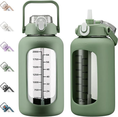 kytffu 84oz Glass Water Bottle with Straw, 2.5 Liter Large Water Bottle with Silicone Sleeve and OZ Marker, Wide Mouth Gallon Glass Bottle with 2-in-1 Lid, Leakproof Water Jug for Gym Home, Olive