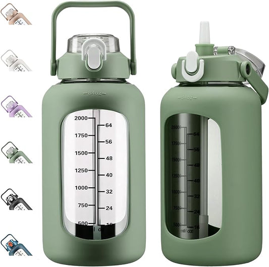 kytffu 84oz Glass Water Bottle with Straw, 2.5 Liter Large Water Bottle with Silicone Sleeve and OZ Marker, Wide Mouth Gallon Glass Bottle with 2-in-1 Lid, Leakproof Water Jug for Gym Home, Olive