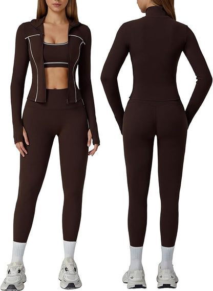 Womens workout sets Contrast Long Sleeve Jacket with Sports Bra and Butt-lifting Pants Yoga Outfits 3 Pieces Set
