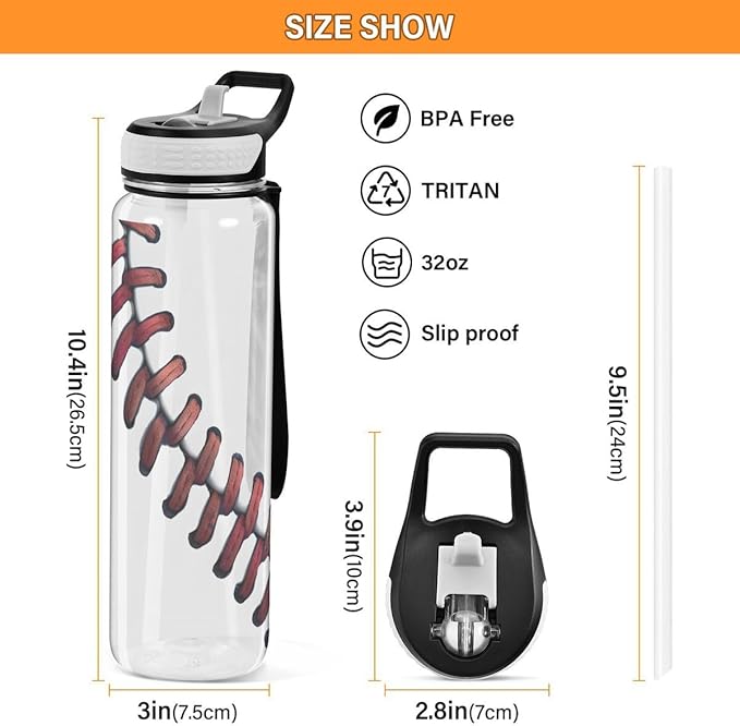 ALAZA Fashion Baseball Liner Sports Water Bottle with Straw Tritan Drink Bottle 32 oz BPA Free Reusable for Travel Outdoor Fitness