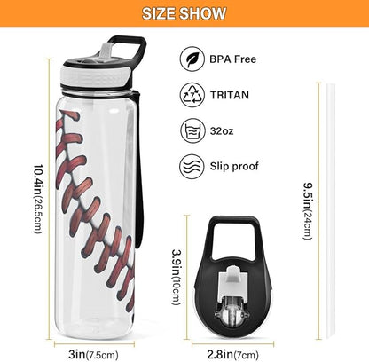 ALAZA Fashion Baseball Liner Sports Water Bottle with Straw Tritan Drink Bottle 32 oz BPA Free Reusable for Travel Outdoor Fitness