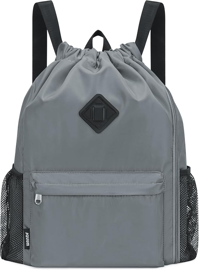WANDF Drawstring Backpack Sports Gym Bag with Shoes Compartment, Water-Resistant String Backpack Cinch for Women Men(Large,Grey)