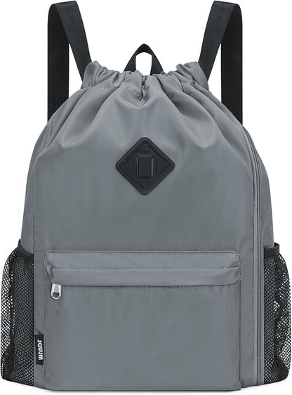 WANDF Drawstring Backpack Sports Gym Bag with Shoes Compartment, Water-Resistant String Backpack Cinch for Women Men(Large,Grey)