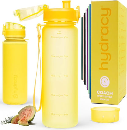 Hydracy Water Bottle with Time Marker -Large BPA Free Water Bottle & No Sweat Sleeve -Leak Proof Gym Bottle with Fruit Infuser Strainer & Times to Drink -Ideal for Fitness Sports & Outdoors