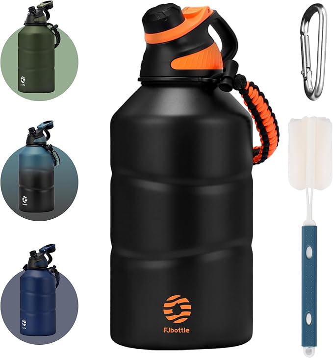 Fjbottle Insulated Half Gallon Water Bottle 64oz with Magnetic Lid,Stainless Steel Double-Wall Vacuum Leak Proof Sports Insulated Jug Keep Water Hot & Cold for Outdoor,Gym Blackorange