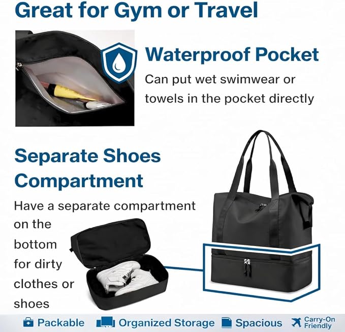 Japard 2 WAY Gym Small Bag for Women with Shoe Compartment, Waterproof Travel Duffel, Large Carry-On Tote with Wet Pocket & Luggage Sleeve, Sports Workout Bag (Black)