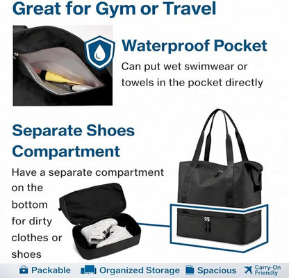 Japard 2 WAY Gym Small Bag for Women with Shoe Compartment, Waterproof Travel Duffel, Large Carry-On Tote with Wet Pocket & Luggage Sleeve, Sports Workout Bag (Black)
