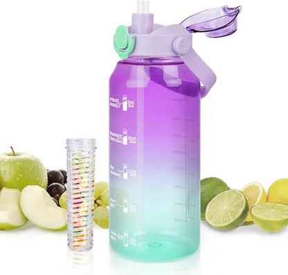 64oz Sports Water Bottle with Fruit Infuser, 2 in 1 Straw and Chug Motivational Water Bottle with Time Marker, Half Gallon Large Water Jug with Handle for Travel Fitness Gym Outdoor (Purple)