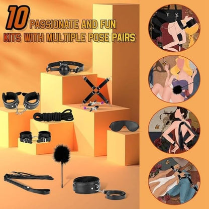 10-Piece Leather Couples Home Gym Set: Complete Partner Yoga, Pilates & Fitness Training Kit for A Full-Body Couples Workout (Black)