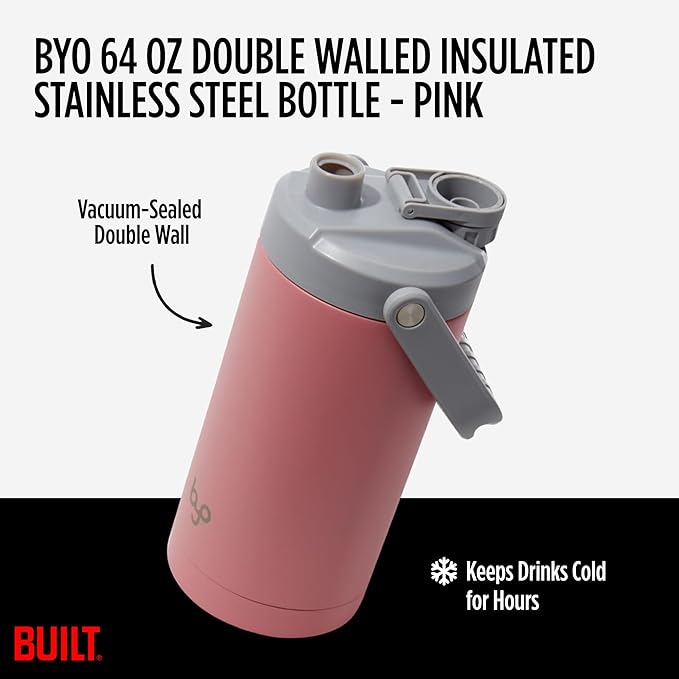 Built Byo 64 Oz Double Walled Insulated Stainless Steel Bottle (Pink) - BPA-Free Leakproof Chug Lid, Durable Sweat-Proof Silicone Grip Handle - Hydration Essential for Gym, Fitness, Healthy Lifestyle