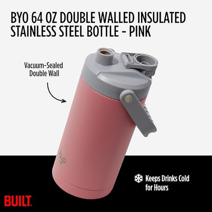 Built Byo 64 Oz Double Walled Insulated Stainless Steel Bottle (Pink) - BPA-Free Leakproof Chug Lid, Durable Sweat-Proof Silicone Grip Handle - Hydration Essential for Gym, Fitness, Healthy Lifestyle