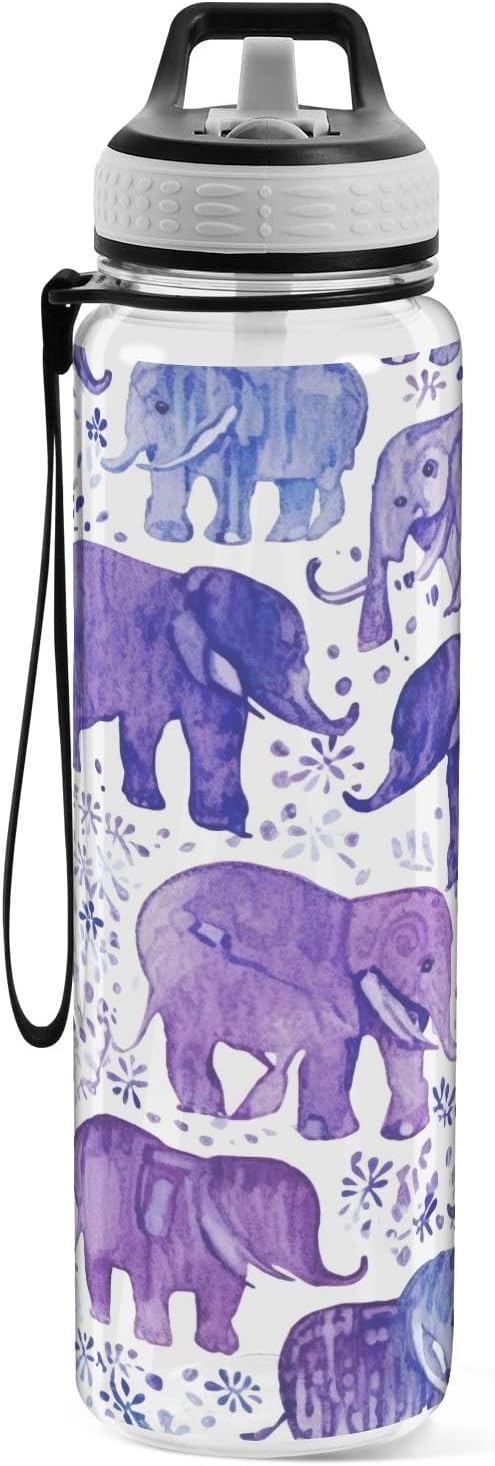 YETTASBIN Elephant Clear Water Bottle with Straw Lid, BPA-Free Leakproof Sport Water Bottle 32oz Large Gym Water Jug for Men Women Travel Fitness Outdoor