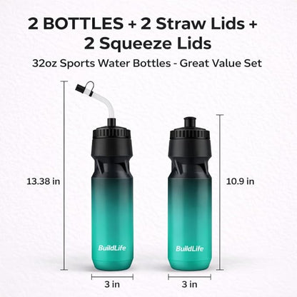 Hockey Water Bottle with Long Straw -32 OZ Squeeze Sports Lacrosse Water Bottles 2 Pack with 2 Lids Each(Straw and Squeeze),for Helmet Hockey,Boxing,BPA Free,Dishwash Safe(Black Blue+Black White)