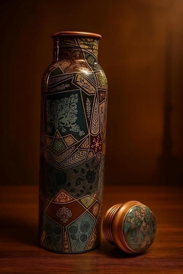 Copper Water Bottle 34 Oz Large Copper Water Bottle For Drinking 100% Pure Ayurvedic Multicolor Vessel For Leak-Proof Lid Bottle for Yoga, Gym, Office, Home & Travel