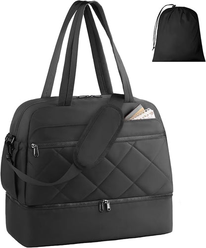 HOTOR Gym Bag for Women - Lightweight Travel Duffle Bags with Wet Pocket & Separate Shoe Bag, Multi-Pocket Carry on Weekender Duffel for Sports, Fitness, Overnight Trip, Black, 20.5" x 9.1" x 17.0"