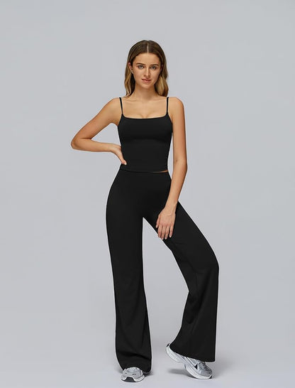 Womens Workout Sets Two Piece Spaghetti Straps Crop Top Matching Straight Leg Pants Gym Work Pilates Outfits