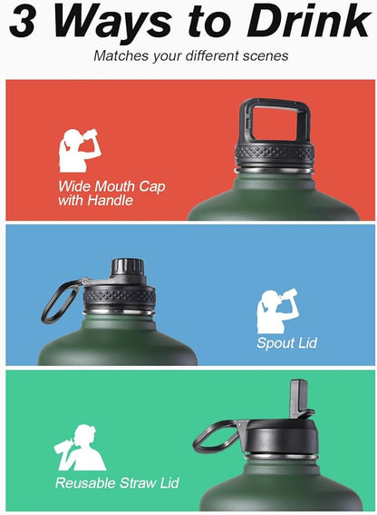 Coolflask 128 oz Gallon Water Bottle Insulated with Straw&3 Lids, Water Jug Large Stainless Steel Metal Vacuum Wide Mouth for Sports, Gym or Office, Non-BPA Keep Cold 48H Hot 24H, Dark Green