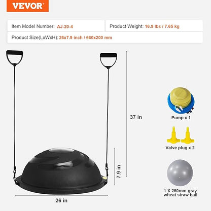 VEVOR Half Exercise Ball Trainer, 23/26 inch Balance Ball Trainer, 1500lbs Capacity Stability Ball, Yoga Ball with Resistance Bands & Foot Pump, Strength Fitness Ball for Home Gym Full Body Workout