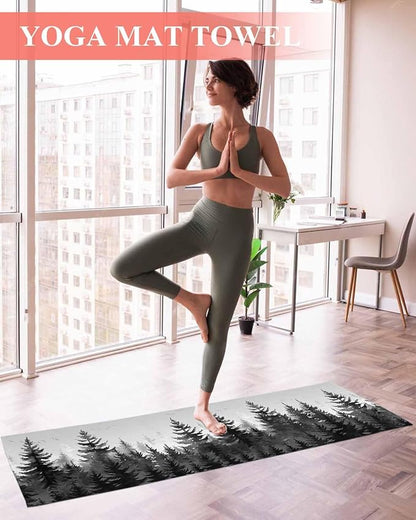 Forest Yoga Mat Towel with Corner Pockets for Hot Yoga Non Slip,Absorbent Yoga Blankets Microfiber Soft Gym Sweat Working Out Fitness Pilates Towels 74"x26" Rustic Grey Foggy Pine Tree Anmal Birds