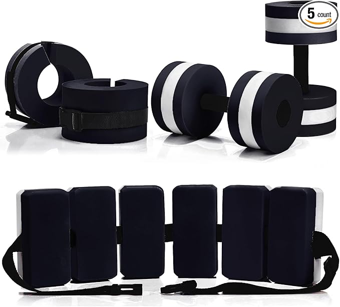 5 Pcs Pool Aquatic Exercise Set Including 2 Lightweight Water Dumbbells, 2 Ankle Swimming Weights, and Swim Belt Water Exercise Equipment for Aquatic Aerobics
