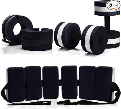 5 Pcs Pool Aquatic Exercise Set Including 2 Lightweight Water Dumbbells, 2 Ankle Swimming Weights, and Swim Belt Water Exercise Equipment for Aquatic Aerobics