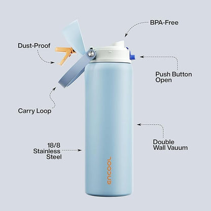 ENCOOL Insulated Water Bottle with Straw Stainless Steel Water Bottle with Push Button Lid, Leak-Proof & BPA-Free, Keeps Cold for 24 Hours for Sports, Travel, Gym (32 oz, Hazy Blue-Blue)