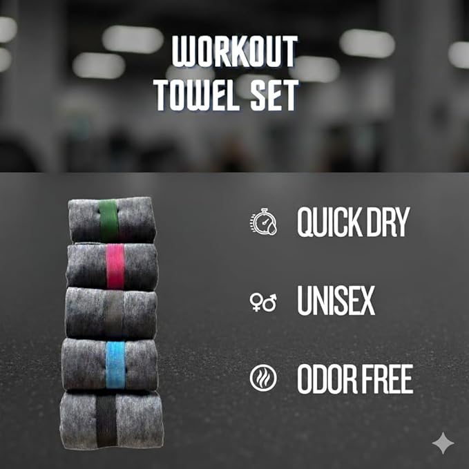 Gym Towel Pack (5) - Microfiber Workout Towels, Quick Dry, Odor Resistant, Lightweight & Compact for Gym, Yoga, Running.
