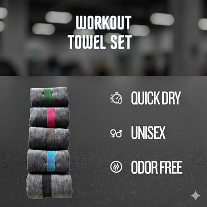 Gym Towel Pack (5) - Microfiber Workout Towels, Quick Dry, Odor Resistant, Lightweight & Compact for Gym, Yoga, Running.