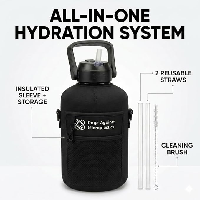 Half Gallon Water Bottle WITH Sleeve & Accessories – 64oz / 2.2L Hydration Kit Bundle – Includes Straw, Cleaning Brush & Storage Pocket – Leakproof Gym Jug BPA-Free