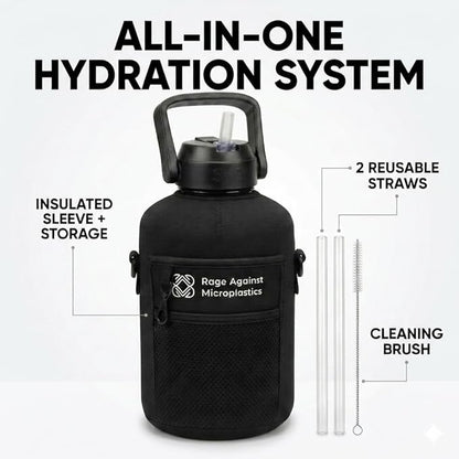 Half Gallon Water Bottle WITH Sleeve & Accessories – 64oz / 2.2L Hydration Kit Bundle – Includes Straw, Cleaning Brush & Storage Pocket – Leakproof Gym Jug BPA-Free