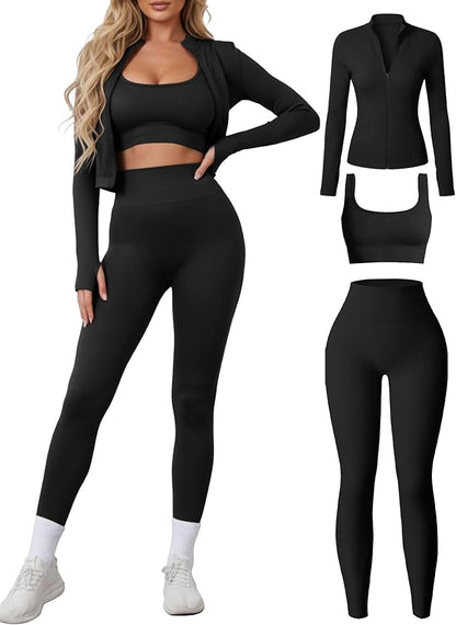 Women 3 Piece Seamless Workout Set Sports Bra High Waisted Gym Yoga Leggings Zip Up Jacket with Thumbhole Activewear