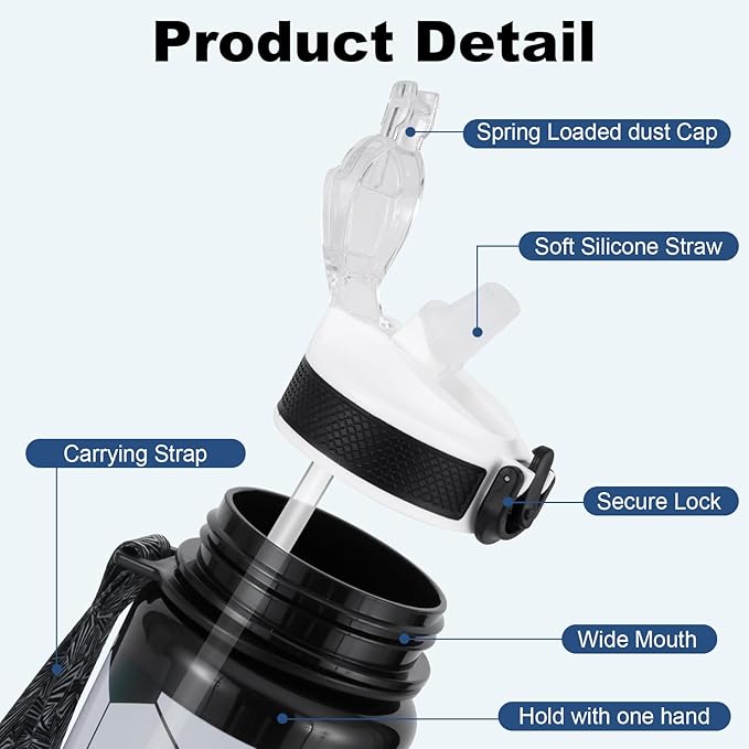 EYQ 32 oz Water Bottle with Time Marker, Carry Strap, Leak-Proof Tritan BPA-Free, Ensure You Drink Enough Water for Fitness, Gym, Camping, Outdoor Sports