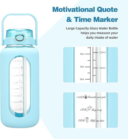 SIEROZUR 64 oz Glass Water Bottle with Straw and Handle Lid Half Gallon Motivational Glass Bottle with Silicone Sleeve and Time Marker Large Reusable Sports Water Jug for Gym Home Workout