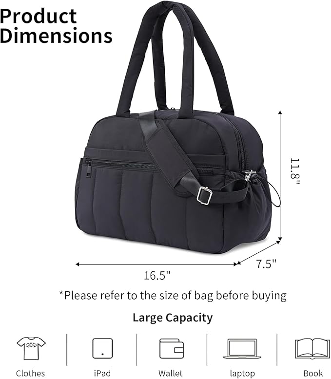 Travel Duffle Gym Bag for Women, Lightweight Puffer Carry on Weekender Bags with Wet Pocket Tote Yoga Workout Bag (Black)