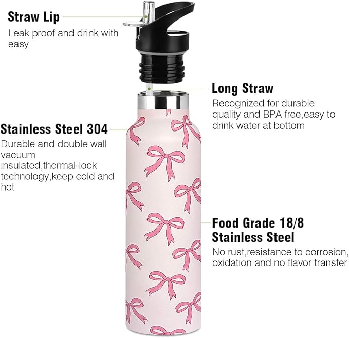 Pink Bow Sport Water Bottle with Straw, Vacuum Insulated Stainless Steel Thermal Drinking Travel Mug Cups For Gym Fitness Camping-20oz/600ml
