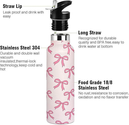 Pink Bow Sport Water Bottle with Straw, Vacuum Insulated Stainless Steel Thermal Drinking Travel Mug Cups For Gym Fitness Camping-20oz/600ml