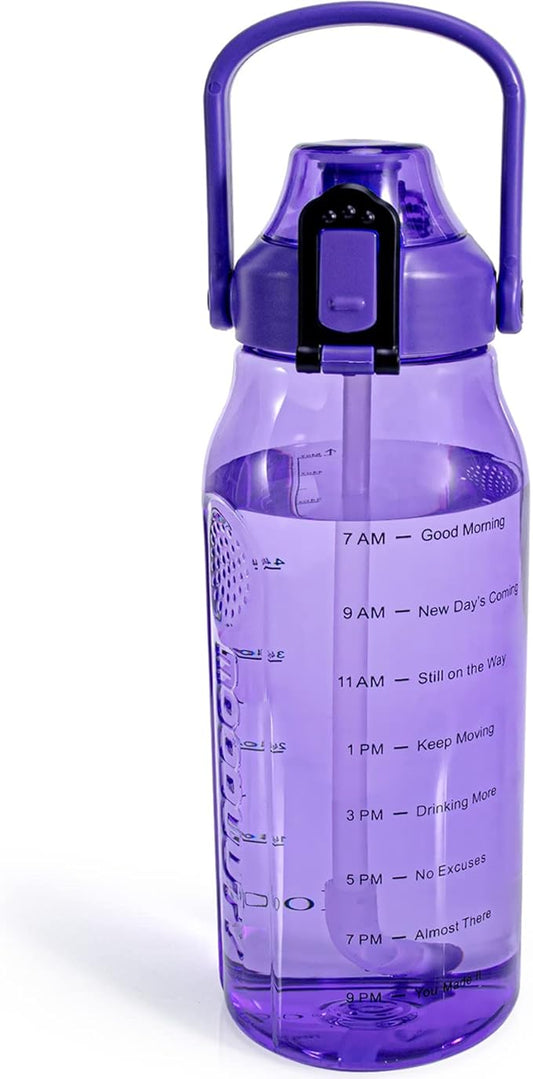 Motivational Half Gallon/64oz Water Bottle with Straw & Time Marker& Handle, Leak-Proof Tritan Water Jug for Fitness,Outdoor, Sport (Purple)