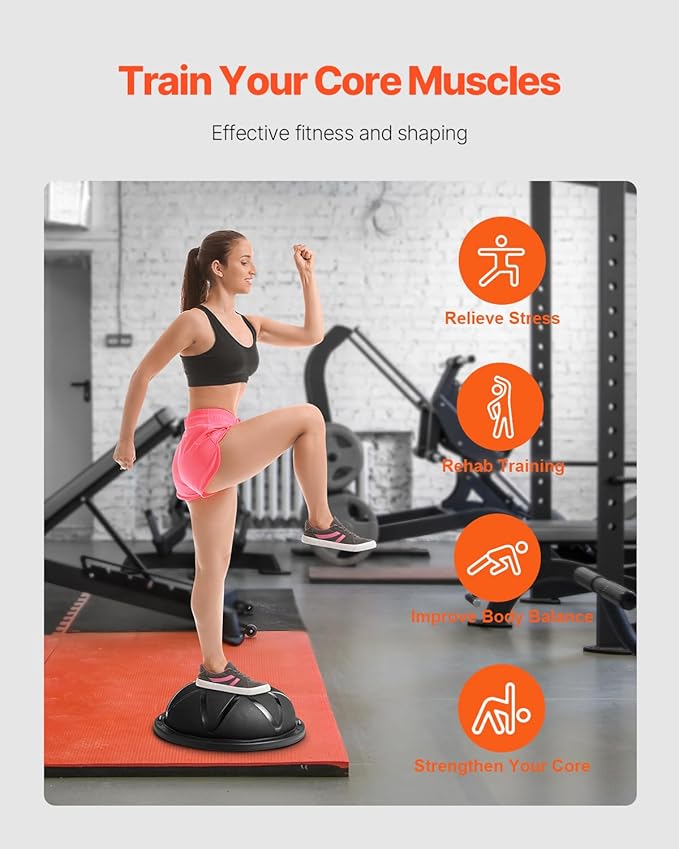 VEVOR Half Exercise Ball Trainer, 23/26 inch Balance Ball Trainer, 1500lbs Capacity Stability Ball, Yoga Ball with Resistance Bands & Foot Pump, Strength Fitness Ball for Home Gym Full Body Workout