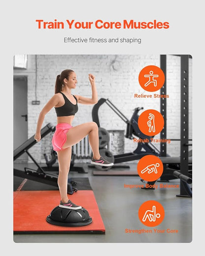 VEVOR Half Exercise Ball Trainer, 23/26 inch Balance Ball Trainer, 1500lbs Capacity Stability Ball, Yoga Ball with Resistance Bands & Foot Pump, Strength Fitness Ball for Home Gym Full Body Workout