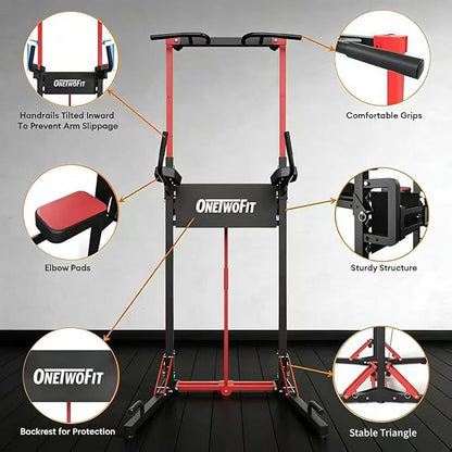 ONETWOFIT Foldable Power Tower Pull Up Bar Station, Multi-Function Adjustable Height Pull Up Dip Station for Gym Workout, Strength Training Fitness Equipment, Pull Up Stand Pro 400LBS/Pro Max 600LBS