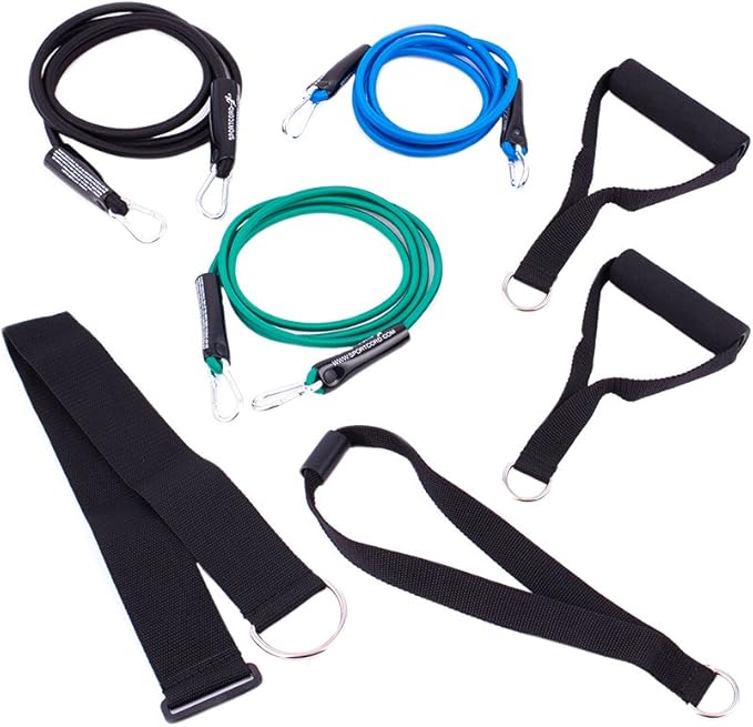 Resistance Band Workout Set – 7-Piece Bungee Cord Fitness System for Home, Office & Travel – Low-Impact Physical Therapy Exercise Bands: Light, Medium & Heavy + Deluxe Handles & Door Anchor