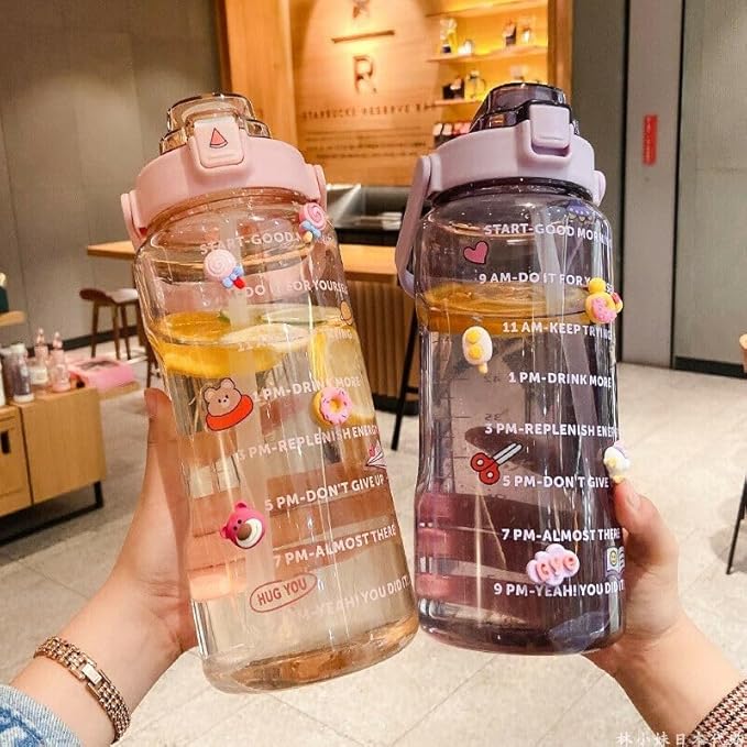 Large Capacity 2L Sports Water Bottle with Straw, Portable and Leakproof, Featuring Time Marker-Be
