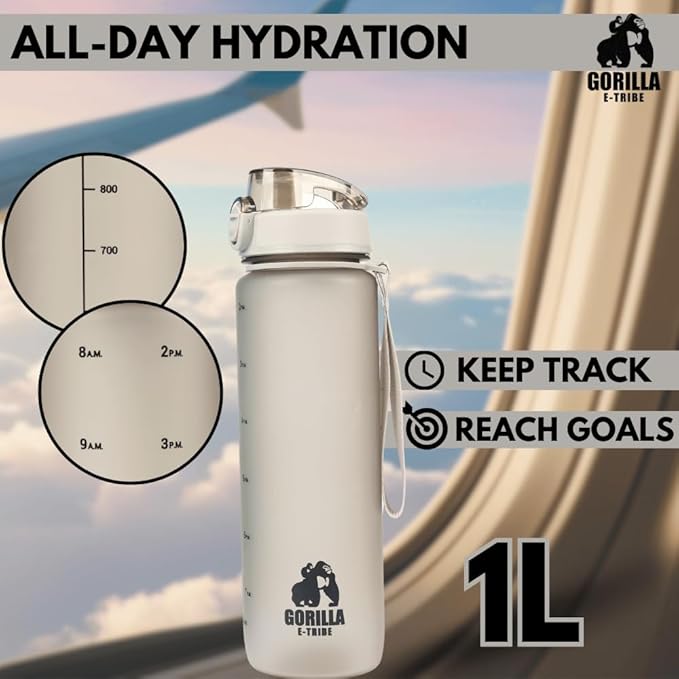 Black Water Bottle Time Marker (32oz) - Daily Intake Tracking - BPA Free & Leak Proof Protein Shake Bottle - Ideal for Gym, Office, School & Hiking